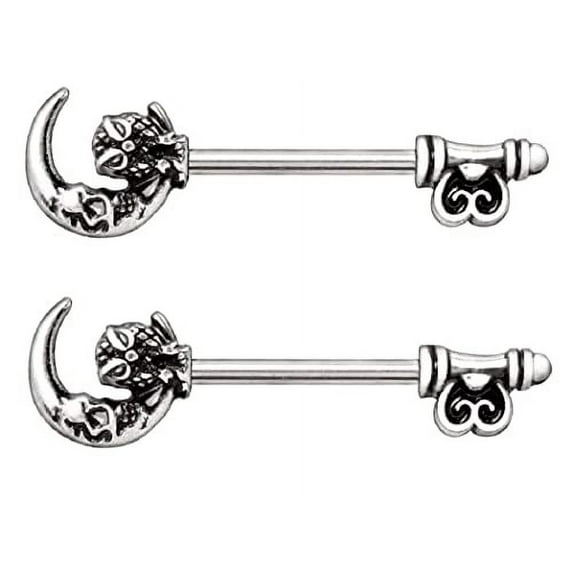 Body Accentz Nipple Rings 316L Stainless Steel Gothic Owl on The Moon Skeleton Key Shield Bar