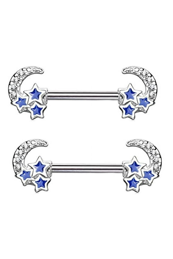 Body Accentz Nipple Rings CZ Paved Crescent Moon with 3 Blue Stars 316L Surgical Steel Barbell Bar