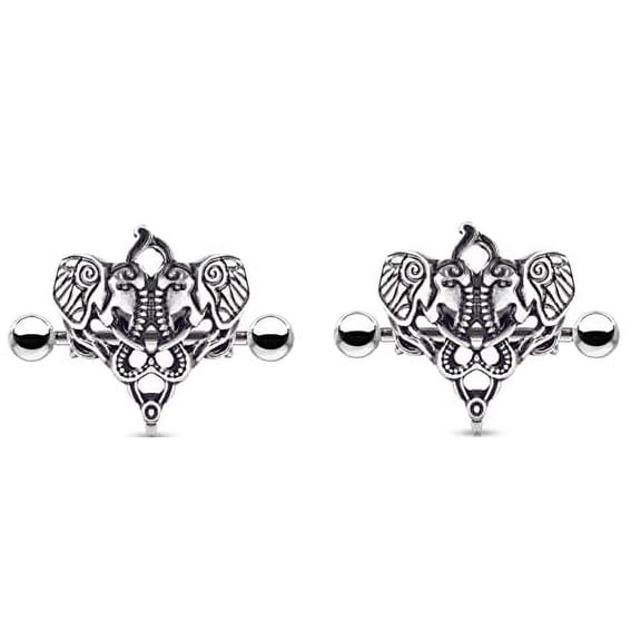 Body Accentz Nipple Rings Piercing 9/16'' Steel Dueling Elephants 2Pc Shield 14mm Barbell 14G