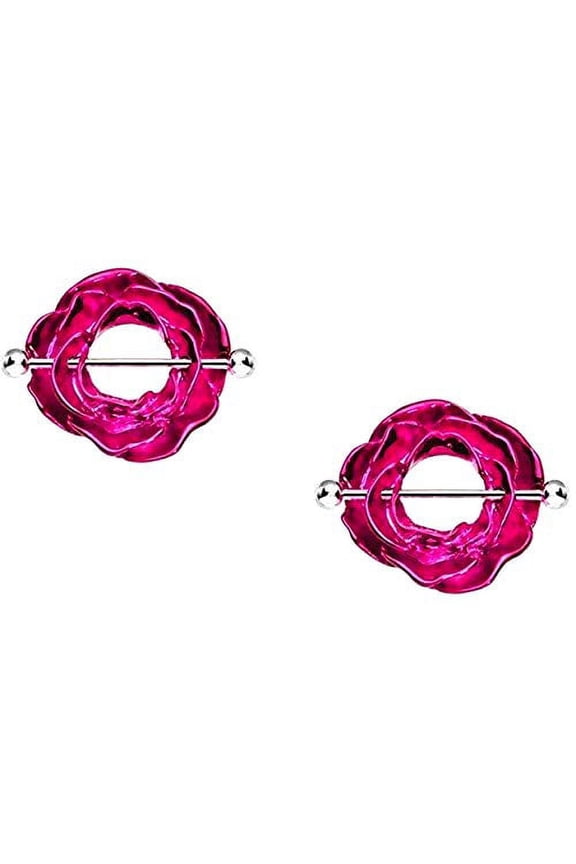 Body Accentz Nipple Shield Rings Barbell Blooming Rose Sold as a Pair 14g