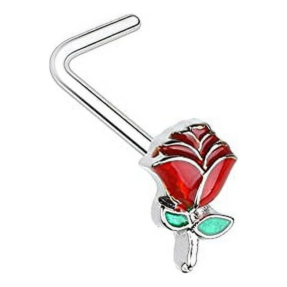 Body Accentz Nose Ring 20g 6mm Enchanted Long stem Rose 316L Surgical Steel L Bend Stud (Silvertone)