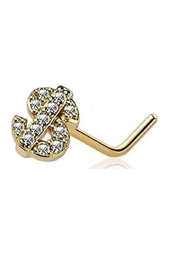 Nose Ring Stud CZ Dollar Sign Shape Top 316L Surgical Steel L Shape Money
