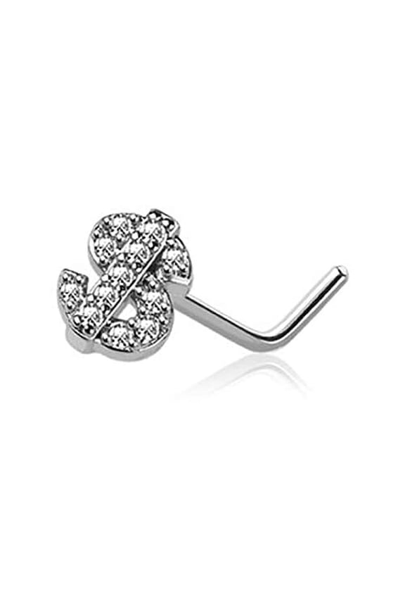 Nose Ring Stud CZ Dollar Sign Top 316L Surgical Steel L Shape Money