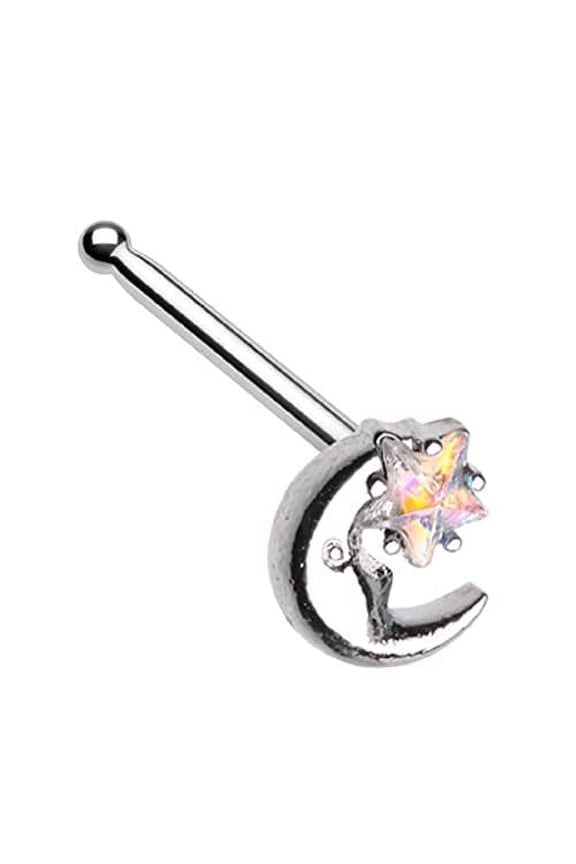 Nose Ring Stud Iridescent Star Moon Shape 316L Surgical Steel Bone