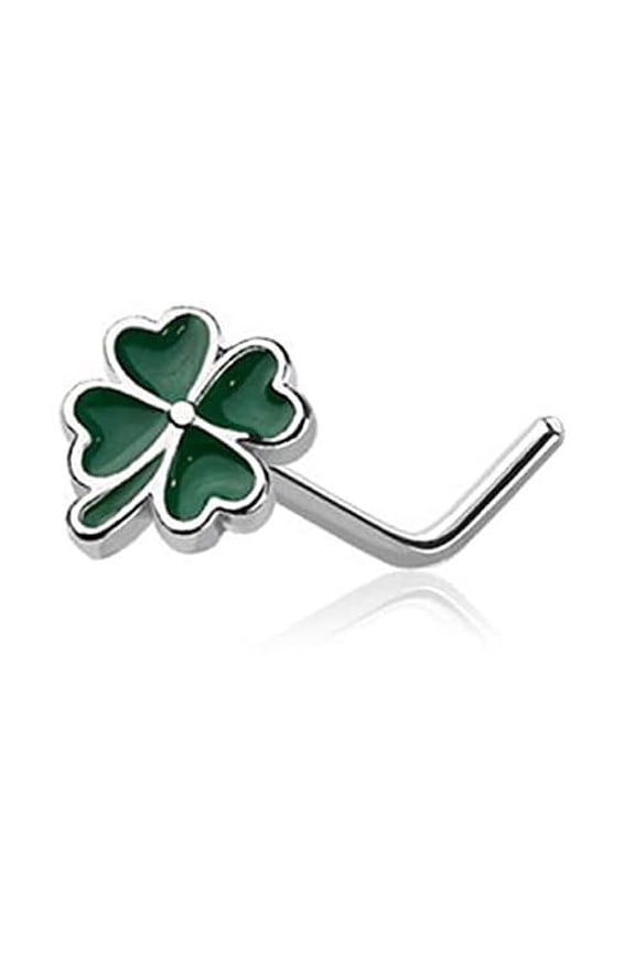 Nose Ring Stud Lucky 4 Leaf Clover Shape 316L Surgical Steel L Shape