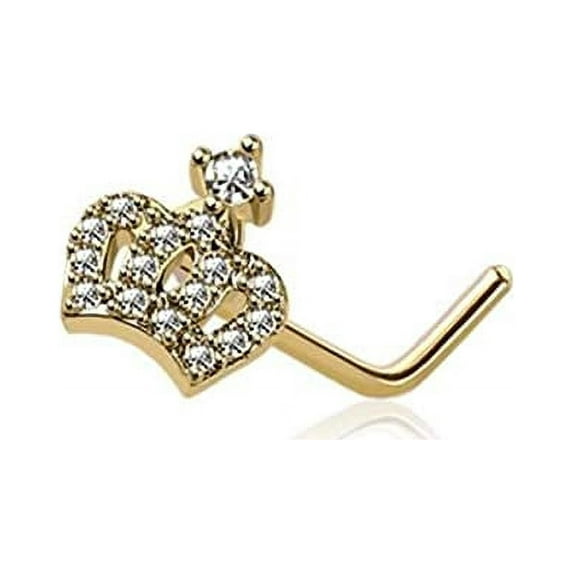 Body Accentz Nose Ring Stud Lucky CZ Crown Shape Top 316L Surgical Steel L Shape