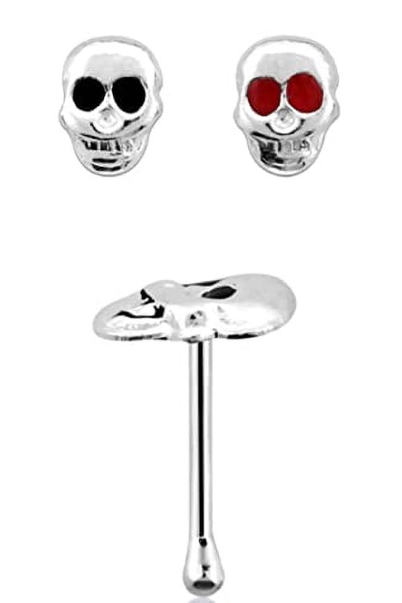 Nose Ring Stud Skull one red Eyes and one Black Ring top 316L Sterling Silver