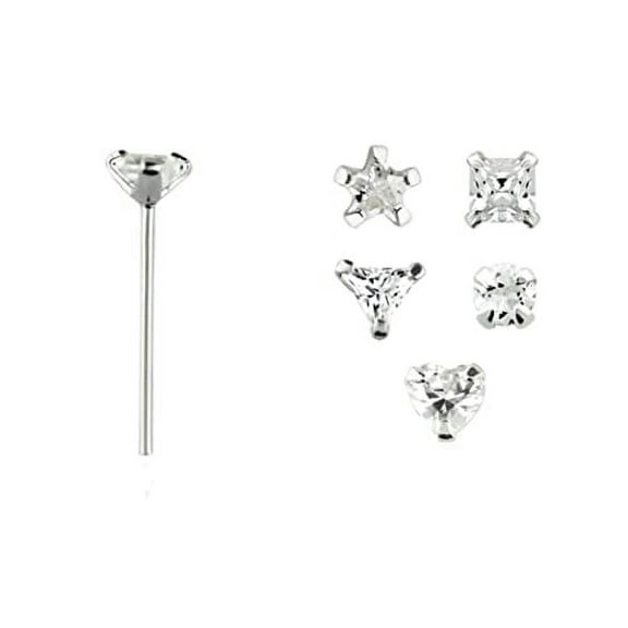 Body Accentz Nose Ring Stud Sterling Silver self Bending Prong Setting Clear CZ Heart Star Solitaire lot of 5