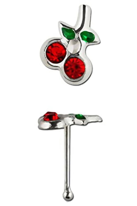 Nose Ring Stud red gems Cherry Green Enamel Leaves top 316L Sterling Silver