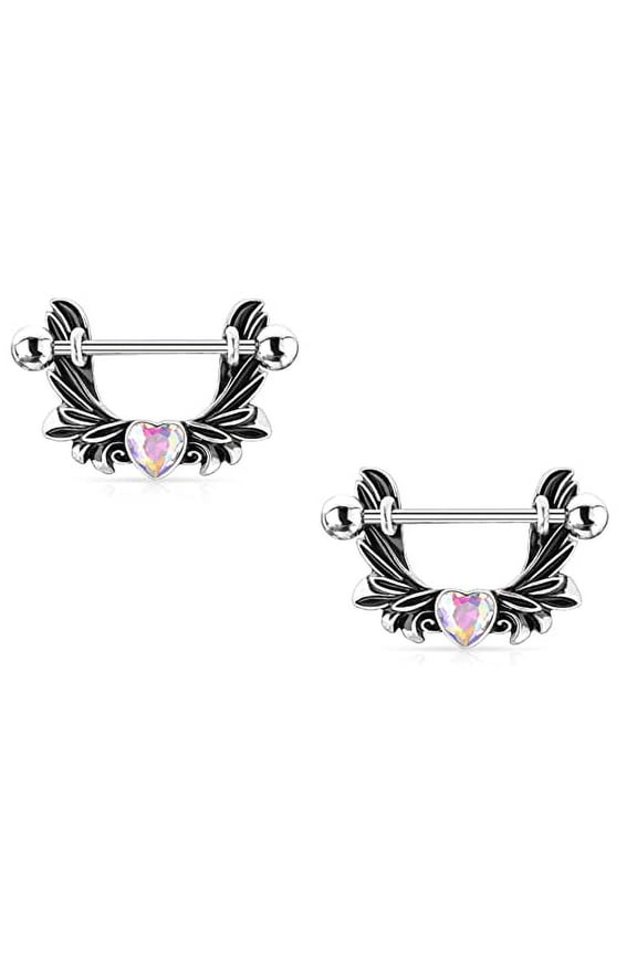 Body Accentz Pair of Pierced Angel Wings with Heart-Centered Crystal 316L Surgical Steel Nipple Shield