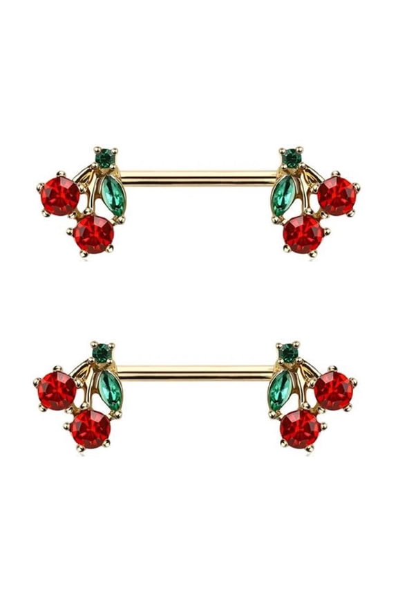 Pair of Pierced CZ Cherry Nipple Piercing Rings Steel Barbells - 14Gn goldtone