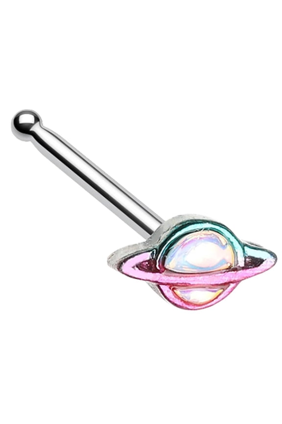 Planet Saturn Nose Bone, Rainbow Steel, 20GA 9/32 inch, Iridescent