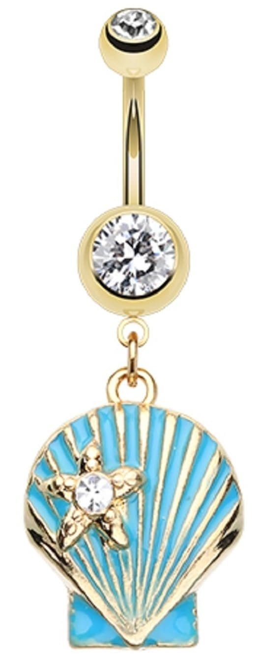Body Accentz Shell Dangle Belly Button Ring, Gold Plated Steel, 14GA, 3 ...