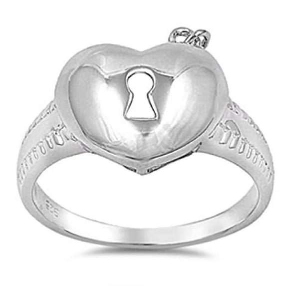 Body Accentz Sterling Silver Ring - Lock Heart & Key Dangle Band (4)