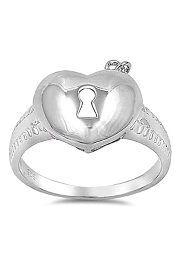 Sterling Silver Ring - Lock Heart & Key Dangle Band (8)