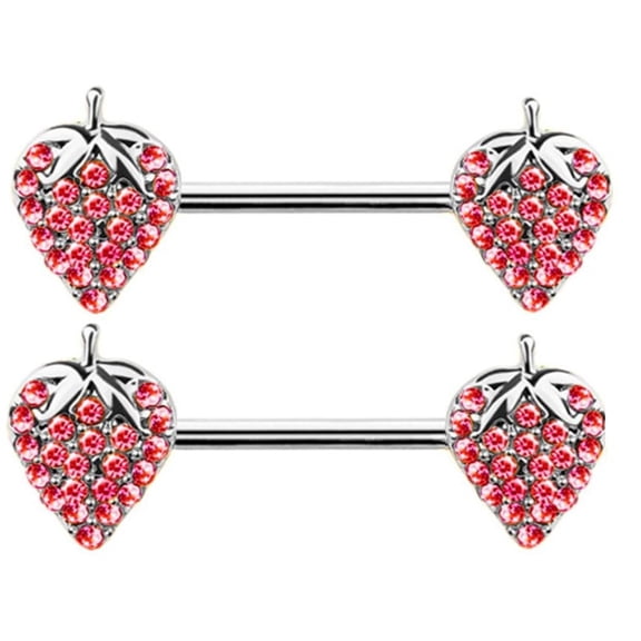Body Accentz Surgical Steel Nipple Barbell with Crystal Strawberry Charm, 14G, 9/16 inch Length, Red