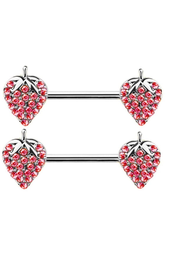 Surgical Steel Nipple Barbell with Crystal Strawberry Charm, 14G, 9/16 inch Length, Red