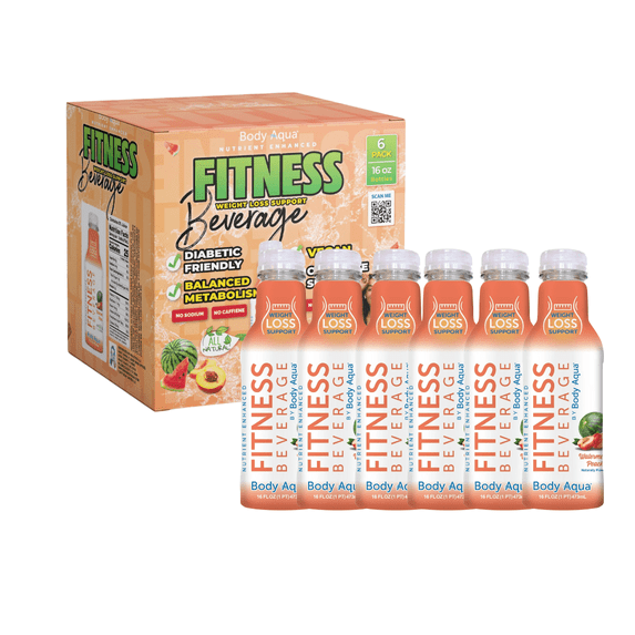 Body Aqua Fitness Beverage, Watermelon Peach, 16 fl oz, 6 Pack, Low Calorie, Vitamin Drink