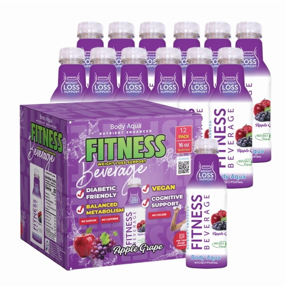 Body Aqua Fitness Beverage, Apple Grape, 16 fl oz, 12 Pack, Low Calorie, Vitamin Drink
