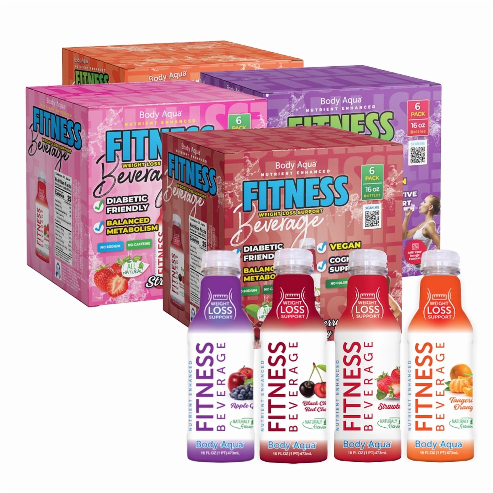 Body Aqua Healthy Hydration Fitness Beverage Strawberry Cherry Tangerine Apple Variety Pack Low Calorie Gluten-Free 24 Pack 16 fl oz