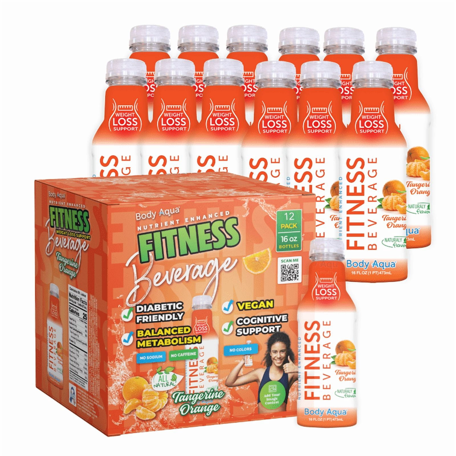 Body Aqua Fitness Beverage Tangerine Orange Vitamin Drink Low Calorie 12 Pack 16 fl oz