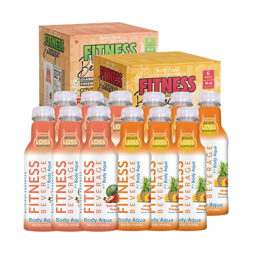 Body Aqua Fitness Beverage Watermelon Peach Mango Pineapple Flavor No Sugar Added Caffeine-Free 12 Pack 16 fl oz