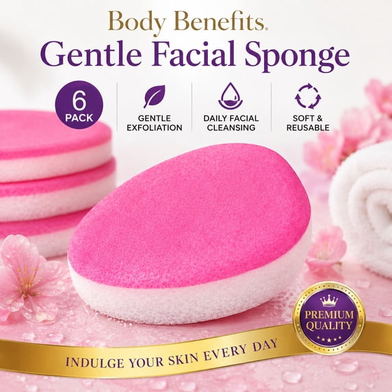 Body Benefits Facial Cleansing Sponges Gentle Exfoliating Makeup Removal Pink 6 Count