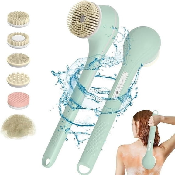 Body Brush Rechargeable, Electric Body Brush Set, Scrubber Shower Brush with Long Handle, Spin Skin Brush with 7 Brush Heads for Cleanse, Massage, Exfoliate Green