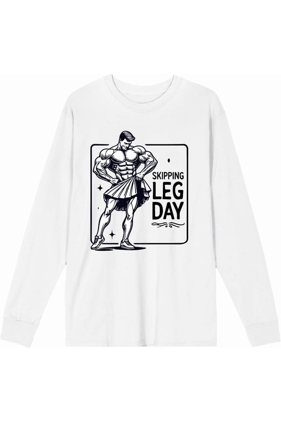 Body Builder Skipping Leg Day Adult White Crew Neck Long Sleeve Tee-Small