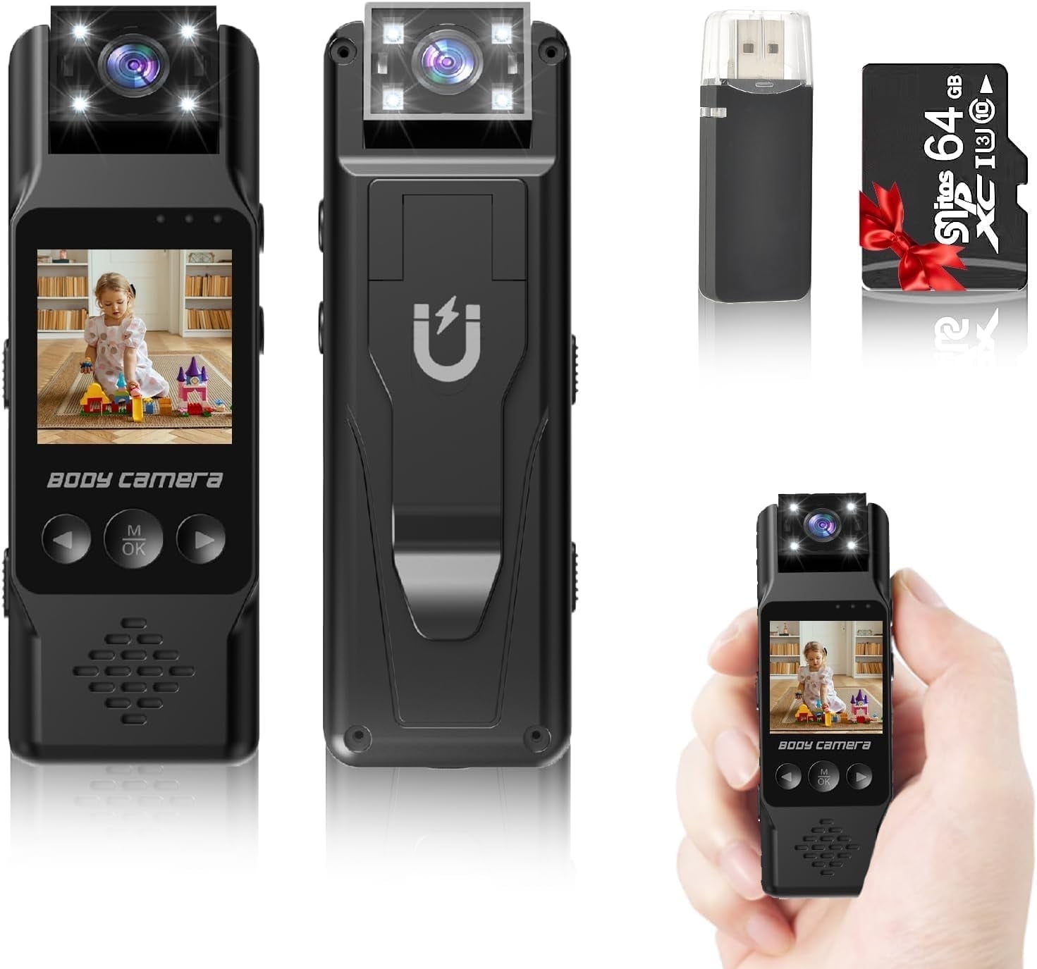 Body Camera with Audio and Video Recording 1080P Bodycam Handheld Video Recorder with 1.3" Screen, 180° Rotating Lens, 6h Battery, 4 Fill Lights, Motion Detection for Personal Civilians Travel