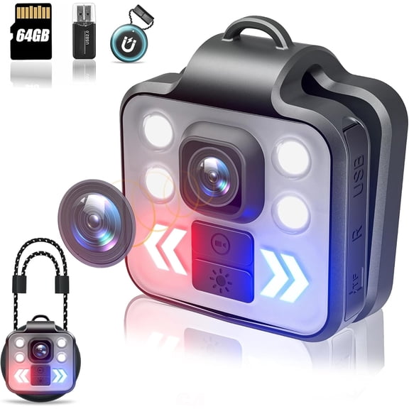 Body Camera with Audio & Video Recording - 1080P Mini Small Portable Sport 64G Cam Recorder - Flashlight Headlamp Waterproof Cam- for Child Pet Home Outdoor Fishing Camping (With Magnetic Lanyard)