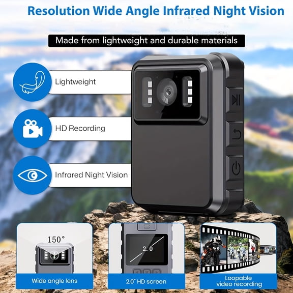 Body Camera with Night Vision, 150 Wide Angle, 1800mAh Battery, Audio Video Recording for Security, Surveillance, Personal Safety, Compact Rugged Design