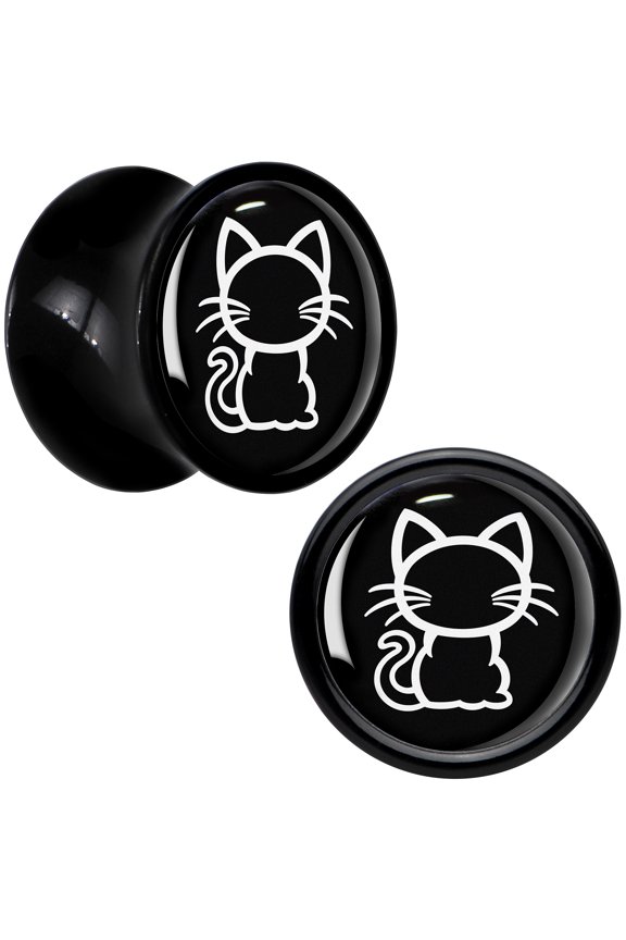 0 Gauge Black and White Kitty Cat Black Acrylic Saddle Plug Set of 2pc