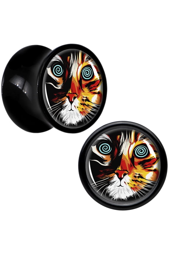 0 Gauge Colorful Trippy Cat Black Acrylic Saddle Plug Set of 2pc