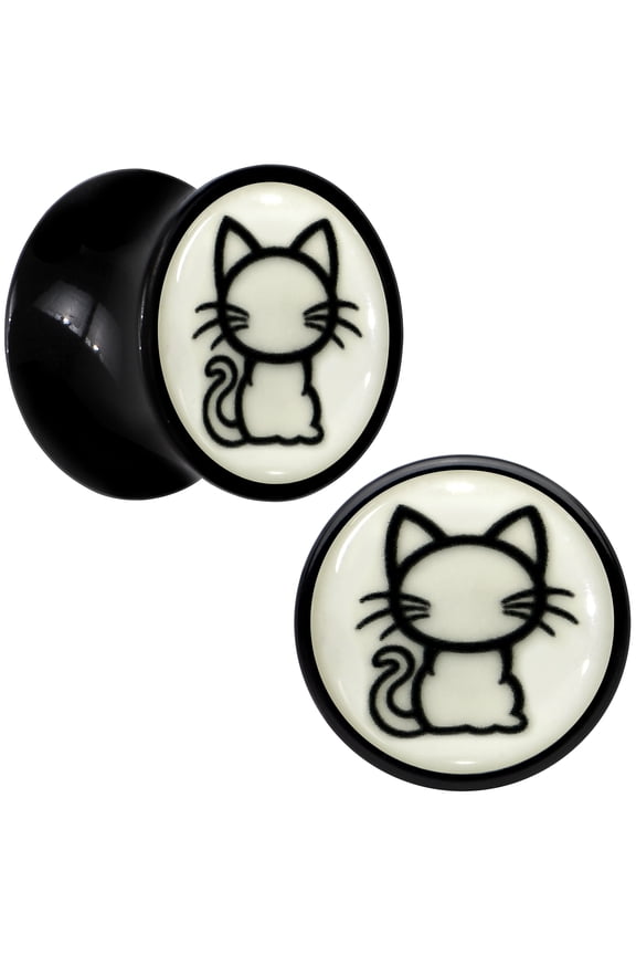 0 Gauge Glow in the Dark Kitty Cat Black Acrylic Saddle Plug Set of 2pc