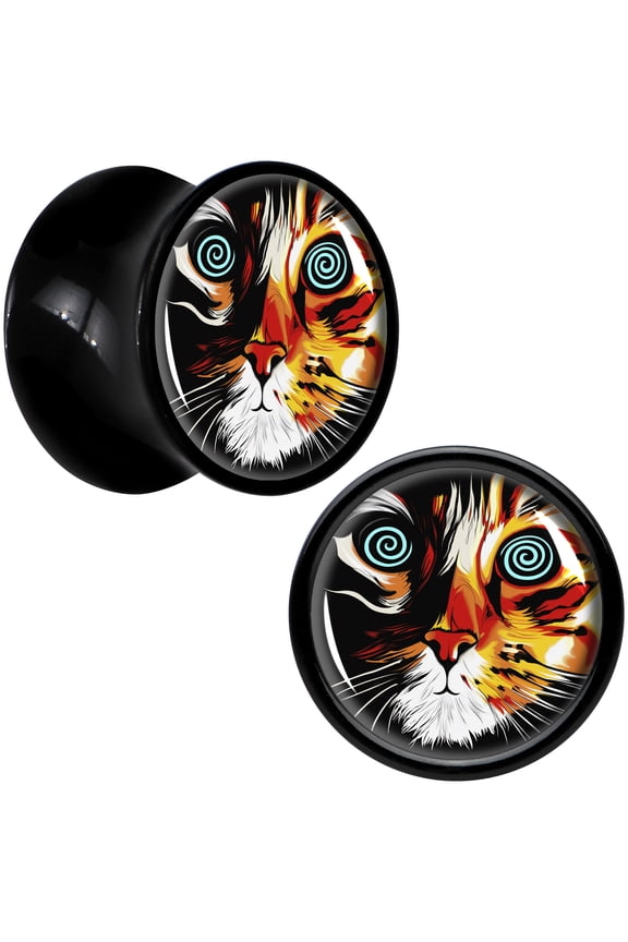 00 Gauge Colorful Trippy Cat Black Acrylic Saddle Plug Set of 2pc