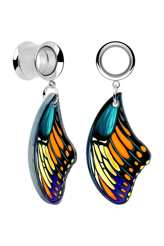 00G Handcrafted 2Pc Surgical Steel Wings of Butterfly Dangle Tunnel Plug Hypoallergenic Ear Gauges by Onyx O