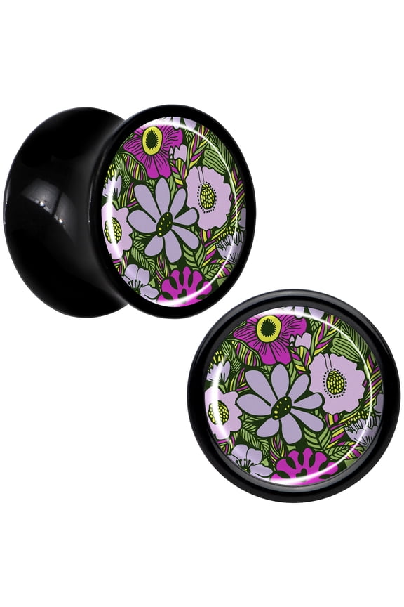 0g 2PC Black Acrylic Blossom Creation Paradise of Pink Flowers Saddle Plugs Double Flare Plug Ear Plug Gauges 8mm