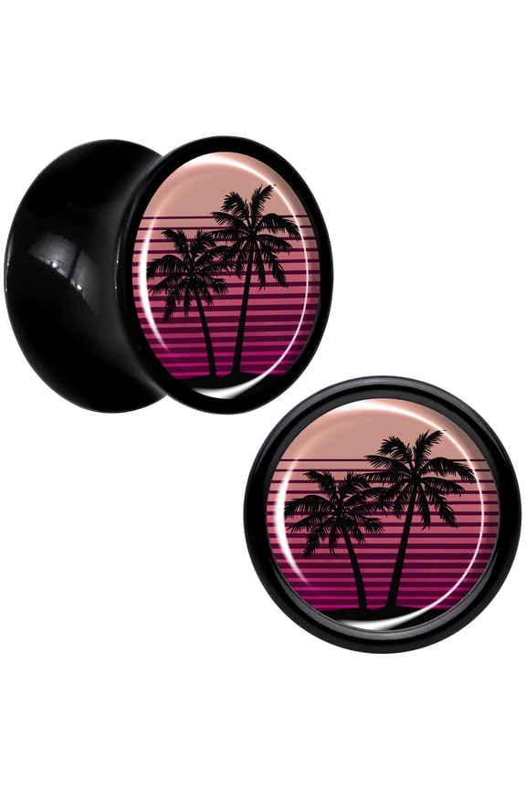 0g 2PC Black Acrylic Palm Tree Retro Sunset Saddle Plugs Double Flare Plug Ear Plug Gauges 8mm