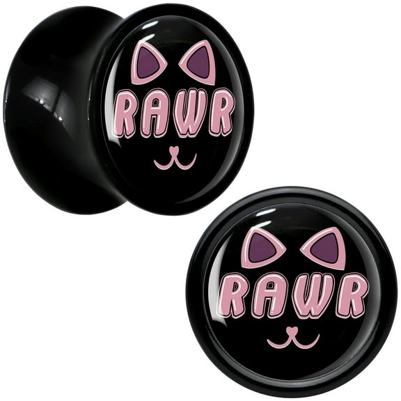 Body Candy 0g 2PC Black Acrylic RAWR Kitty Cat Saddle Plugs Double Flare Plug Ear Plug Gauges 8mm