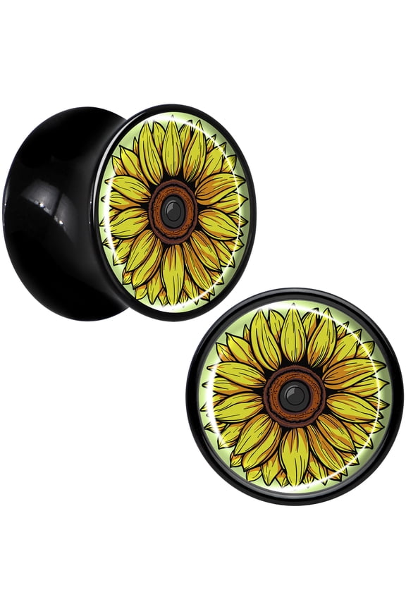 1/2" 2PC Black Acrylic Blossom Creation Yellow Sunflower Saddle Plugs Double Flare Plug Ear Plug Gauges 12mm