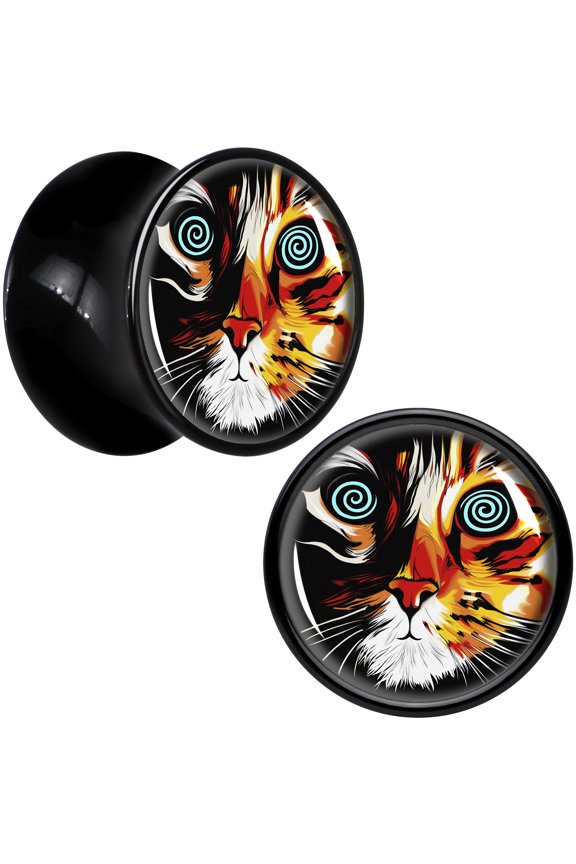 1/2 Colorful Trippy Cat Black Acrylic Saddle Plug Set of 2pc