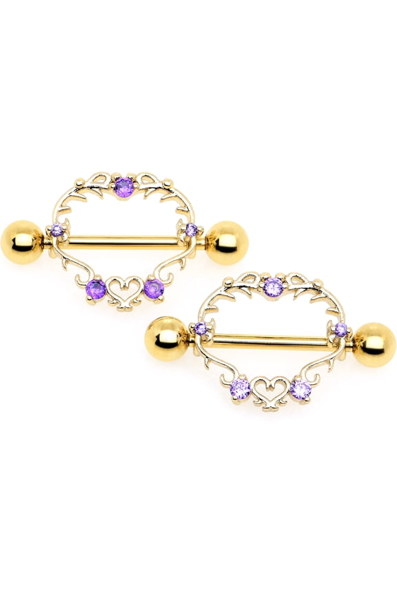 14 Gauge 9/16 Purple CZ Gem Gold Tone Heart Filigree Nipple Shield Set Stainless Steel for Women