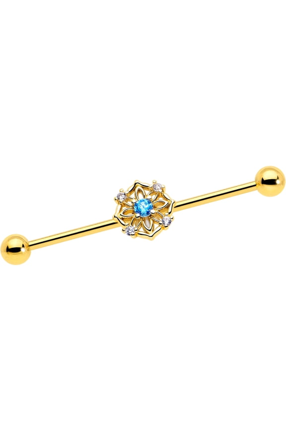14 Gauge Blue CZ Gem Gold Tone Flower Ring Industrial Barbell 38mm Stainless Steel for Women