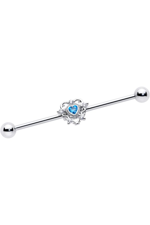 14 Gauge Blue Clear CZ Gem Heart Pair Industrial Barbell 38mm Stainless Steel for Women