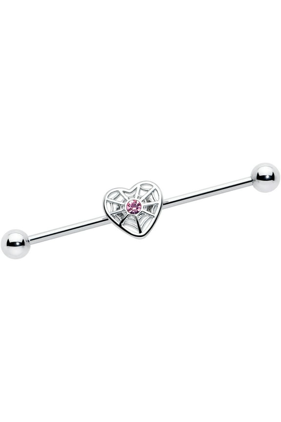 14 Gauge Pink Gem Spiderweb Heart Love Industrial Barbell 38mm Stainless Steel for Women