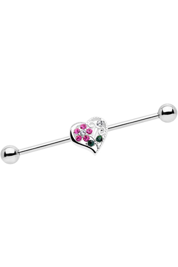 14G 316L Steel Helix Cartilage Earring Pink Accent Flower Heart Industrial Barbell 1 1/2"