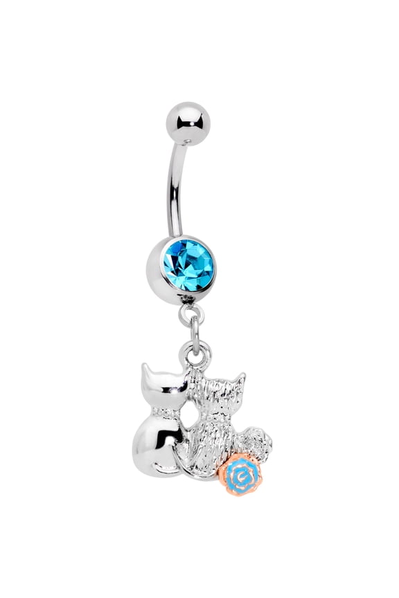 14G 316L Steel Navel Ring Piercing Blue Accent Yarn Cuddly Kittens Belly Button Ring 7/16" 11mm