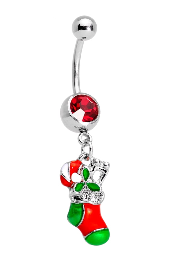14G 316L Steel Navel Ring Piercing Red Accent Christmas Stocking Dangle Belly Button Ring 7/16"