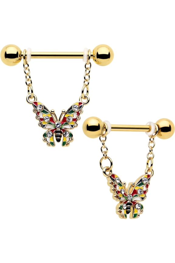14G 9/16 Chain Dangle Nipple Ring Set - 316L Stainless Steel 2Pc Nipplerings Piercing Color Block Butterfly Nipple Barbells